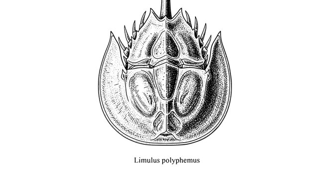 Horseshoe crab anatomy illustration in vintage engraved line art showing dorsal shell details featuring