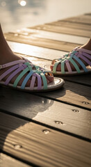 Fototapeta premium Summer Comfort: Pastel Sandals on a Sunny Wooden Dock by Shimmering Water