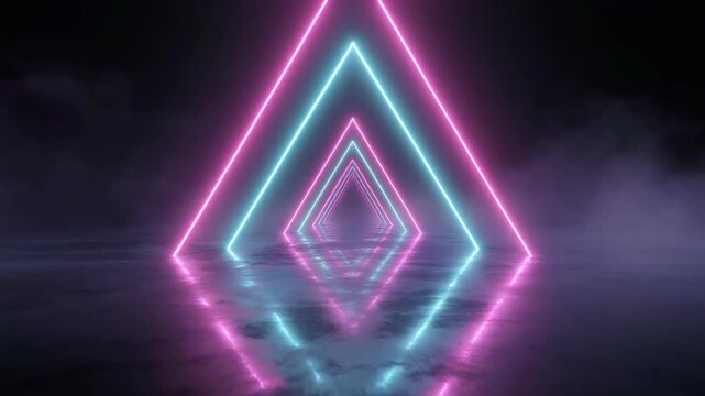 Navigating a futuristic tunnel of glowing pink and blue neon triangles, reflecting on a misty, dark surface, creating an immersive virtual reality experience.