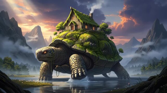 Fantasy artwork depicting a giant turtle carrying a cottage across a lake