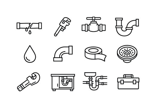 Kitchen Plumbing Repair. Line outline icon set of Kitchen Plumbing Repair: leaking pipe, plumber wrench, shut