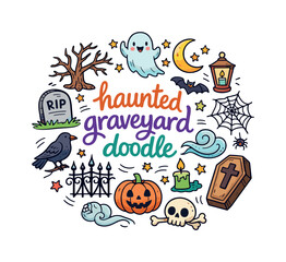 Fototapeta premium haunted graveyard doodle. Hand drawn illustration of haunted graveyard doodle. tombstone, ghost, crescent moon