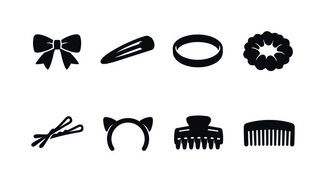 Hair Accessories. Filled icon set of Hair Accessories: ribbon bow, hair clip, hair band, scrunchie, bobby pins