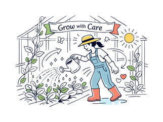 Gardener's Greenhouse Oasis. Watering Greenhouse Plants. A gardener inside a bright glass greenhouse gently