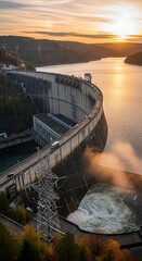 Fototapeta premium Dam in valley at sunset.