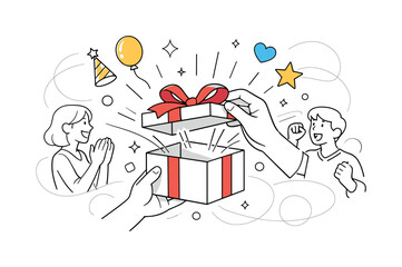 Celebration unboxing scene. Hands gently opening a ribboned gift box, dynamic motion lines suggesting movement
