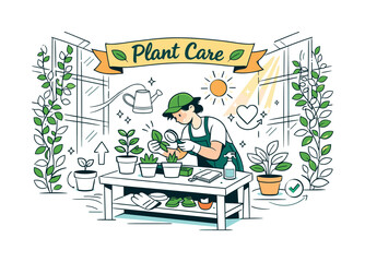 Modern Greenhouse Scene. A clean interior view with tall glass frames, climbing plants along the walls, and a