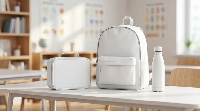 Backpack and Lunch Box Mockup on a Table in a Bright Classroom