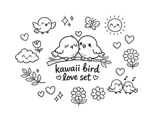 Fototapeta premium kawaii bird love set. Hand-drawn doodle illustration of kawaii bird love set. In the middle, one slightly
