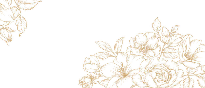 Luxury floral line art background with golden hand drawn flowers. Vector design with a bouquet of flowers, branches, leaves for card, business card, flyer, banner, wedding invitation, cover, wallpaper