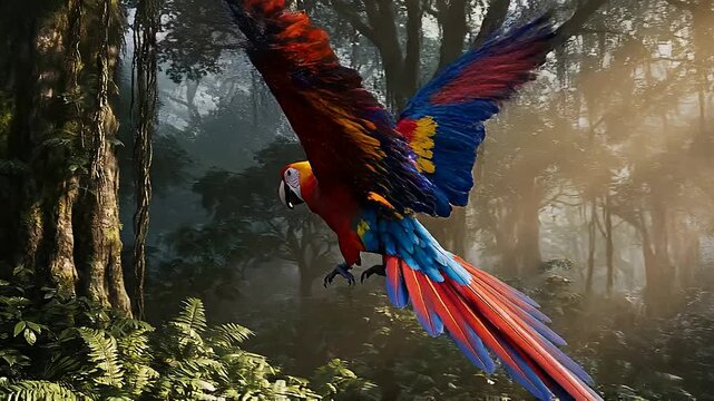 A vibrant parrot spreads its colorful wings while flying through a dense tropical forest.