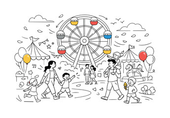 Fototapeta premium Ferris Wheel Carnival. A bright spring carnival scene with a large Ferris wheel turning gently, colorful tents