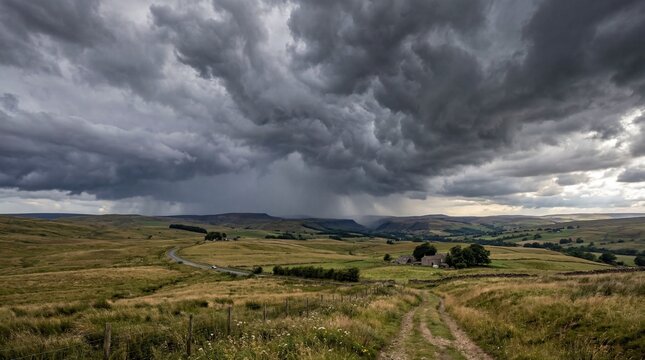 Developing storm clouds bringing heavy rain over rural landscape