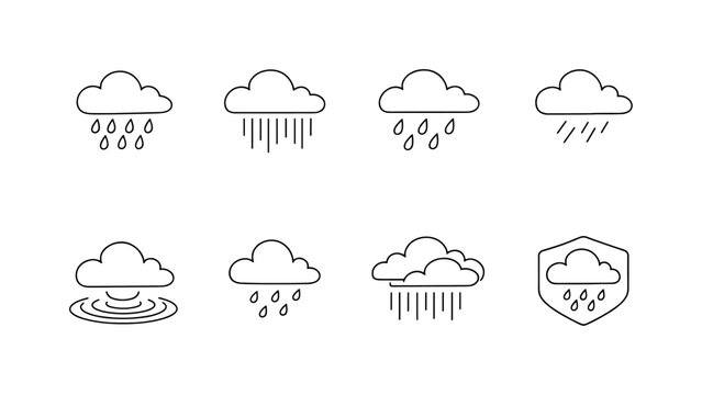 "Spring Rain Icons". Minimalistic set one-line drawing rain cloud with multiple drops, simple cloud and