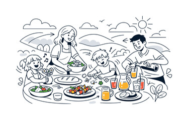 Outdoor Spring Feast. A family setting the table with colorful dishes and drinks, children laughing and