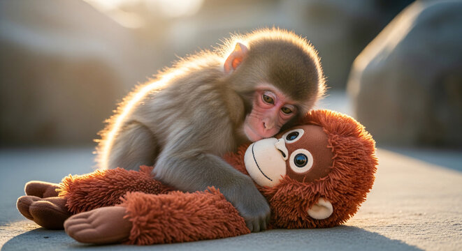 Adorable baby macaque monkey hugging a soft brown orangutan plush toy, bathed in warm golden hour sunlight, close-up, animal friendship concept
