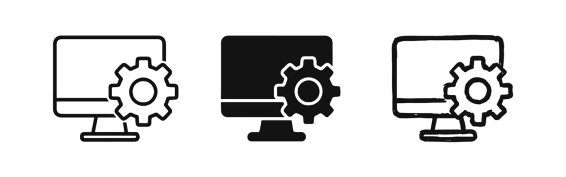 Computer settings icon with gear, system configuration, technical support, update, preferences vector illustration.