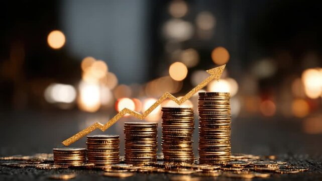 Financial Growth Illustration:  A visually striking depiction of financial progress, with stacks of coins and an upward-trending arrow. This image symbolizes financial growth and investment success.