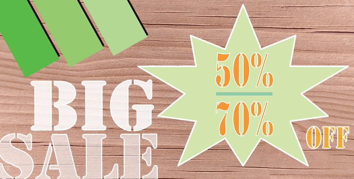 Poster, big salet 50-70% off, wood background.