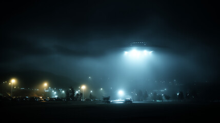 Naklejka premium UFO hovering over town