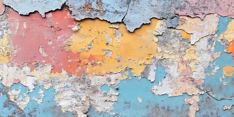 Obraz premium A vibrant textured wall with colorful peeling paint layers and cracks.