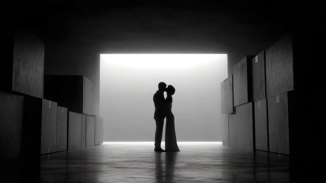 A tender Embrace: An elegant couple shares a loving embrace in the architectural frame, silhouette against an ethereal light, signifying new beginnings and the promise of a shared future.