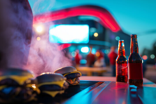 El Sabor del F&uacute;tbol: Tradicional Parrillada de Hamburguesas y cervezas de noche frente a un estadio luminoso con una pantalla gigante  de fondo en el Mundial 2026