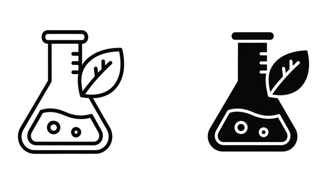black and white beaker with leaf vector illustration, flat design