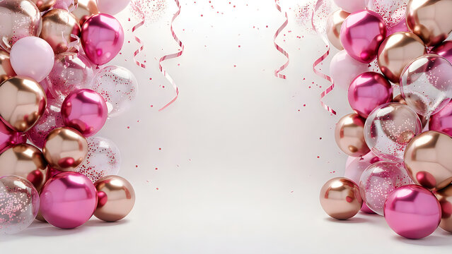 Festive celebration background featuring metallic pink and rose gold balloons with confetti accents