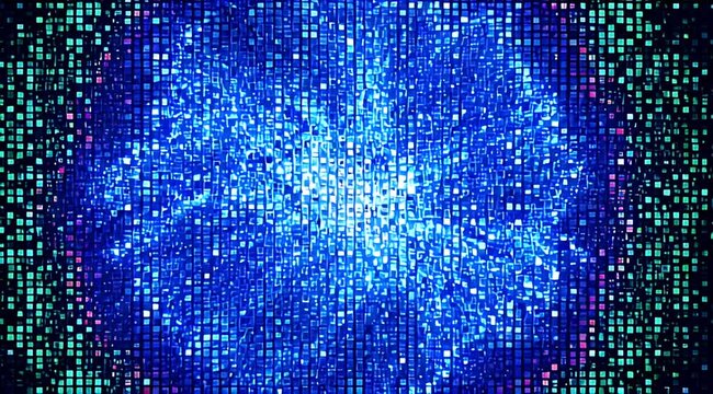 Vibrant blue-magenta pixelated energy sphere on a dark background of glowing squares