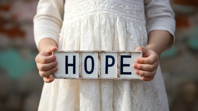 childs hands holding paper hope sign animation