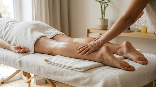 Therapist provides manual lymphatic drainage on the lower leg on a massage table for swelling reduction, wellness, and recovery