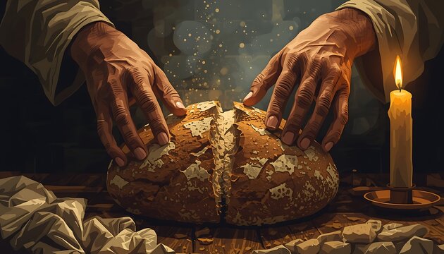 Hands breaking bread by candlelight, evoking last supper and christian sacrifice, wooden table