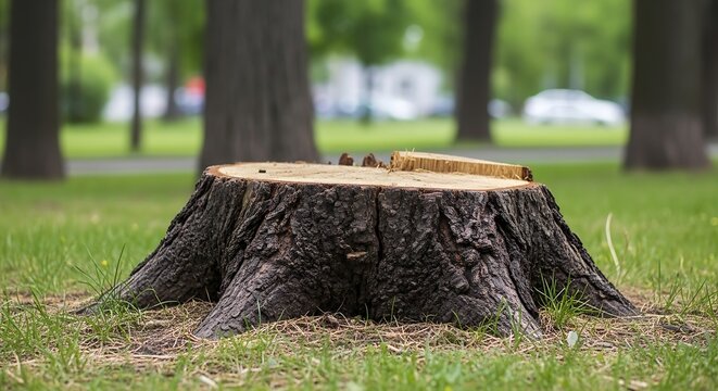 Tree stump on green grass.