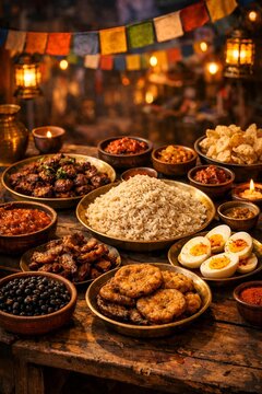 Traditional Newari cuisine samay baji festival table with beaten rice, spiced buffalo meat, eggs, black soybeans, lentil patties, pickles and local snacks at Bisket Jatra Nepal street food stall