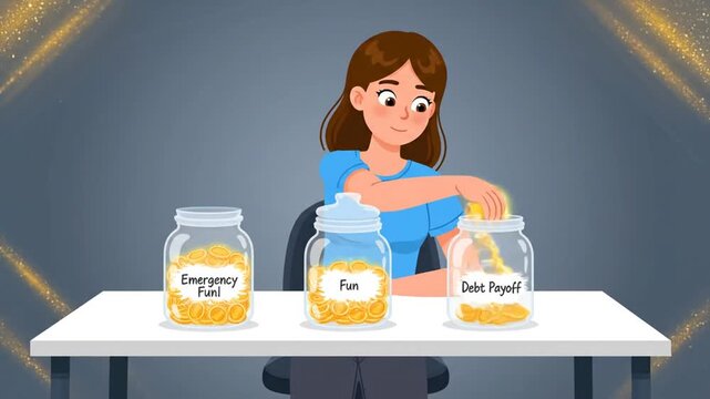 Woman saving money in jars for emergency fun and debt payoff