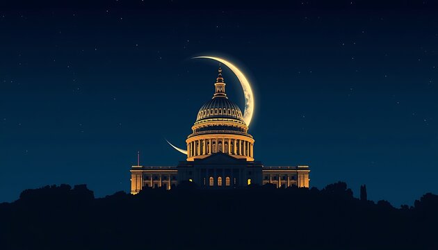 Dome building illuminated at night with crescent moon and stars in dark blue sky with us capitol