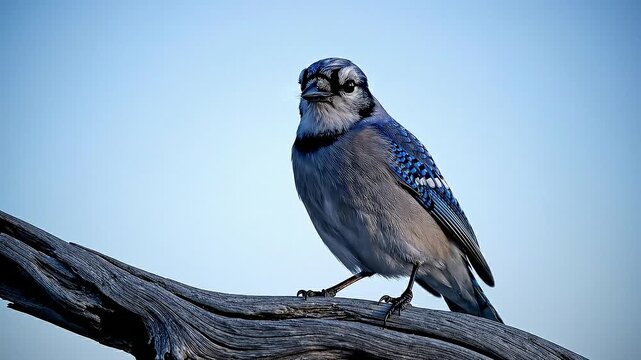 A blue jay perches on a weathered tree branch against a clear blue sky.