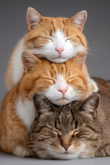 Fototapeta premium A close-up studio portrait of three adorable domestic cats stacked vertically on top of each other, featuring two ginger and white felines and one brown tabby cat sleeping peacefully together.