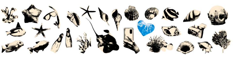 Coastal marine collage elements set. Halftone seashells, fish and snorkel gear. Vintage dotted stickers collection. Modern retro vector illustration for mixed media design isolated on transparent bg
