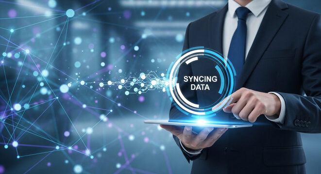 Businessman in suit holding digital tablet with glowing 'SYNCING DATA' circle icon, representing secure cloud computing and network synchronization on a futuristic blue background