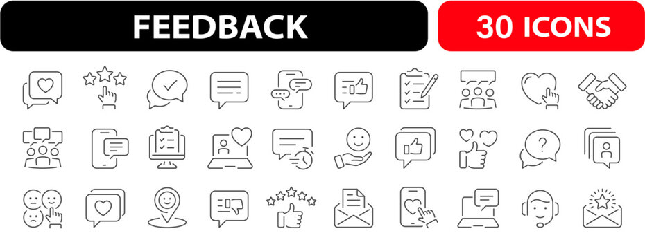 Feedback, review, user testimonial, customer support line icons set. Editable stroke. For website design, logo, template, ui. Vector illustration