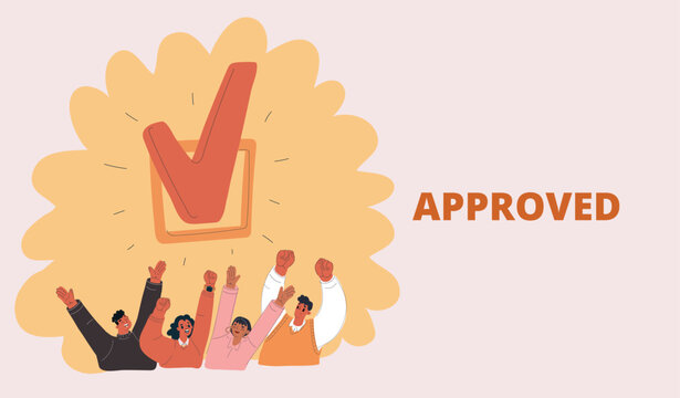 Vector illustration of people raising hands under checkbox, concept of choice, participation and decision making