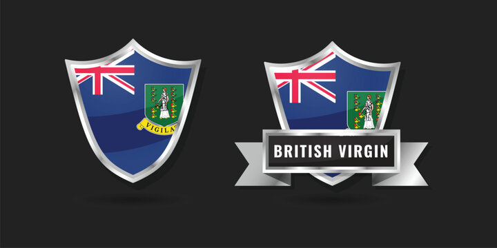 High-quality glossy silver shield emblems with the flag of British Virgin Islands. Includes name banner. Perfect for Caribbean maritime, tourism, and patriotic colonial identity designs.
