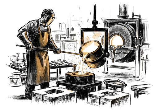 Skilled foundry worker pouring molten metal into a mold in a workshop setting