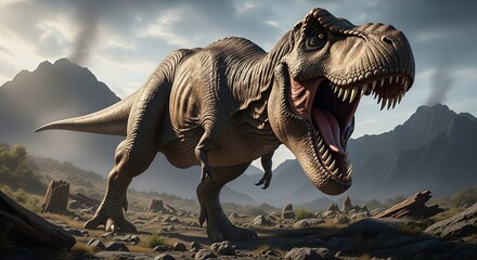 Fototapeta premium Majestic Tyrannosaurus Rex Dinosaur Roaring in a Prehistoric Mountain Landscape, Photorealistic Stock Image for Educational and Entertainment Use