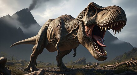 Fototapeta premium Majestic Tyrannosaurus Rex Dinosaur Roaring in Prehistoric Landscape, Dramatic Volcanic Background, Realistic Stock Image for Jurassic Era Exploration and Paleontology Themes