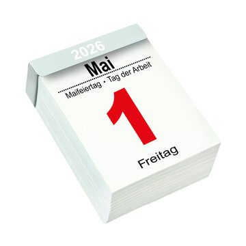 Deutscher Kalender Datum 1. Mai  2026 Tag der Arbeit  Maifeiertag Hintergrund transparent PNG cut out