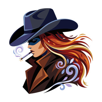 Masked cowgirl Zorro heroine profile smoking cigarette flowing red hair western portrait
