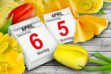 Naklejka premium Deutscher Kalender Feiertage Ostern 5. und 6. April 2026 Gelbe Blumen Tulpen Narzissen